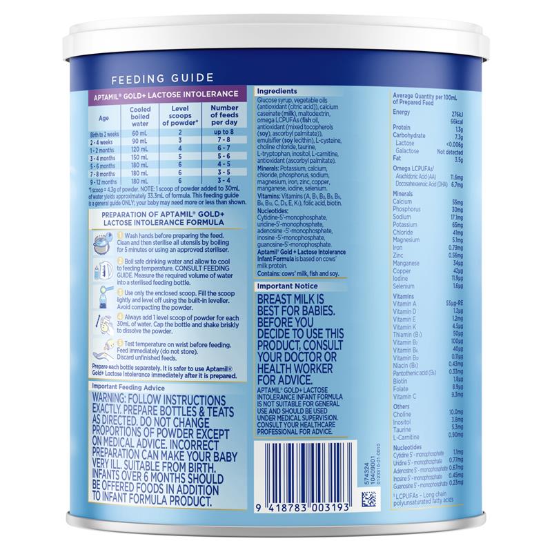 Aptamil Gold+ Lactose Intolerance Baby Infant Formula 0 - 12 Months 900g (expiry 3/24)