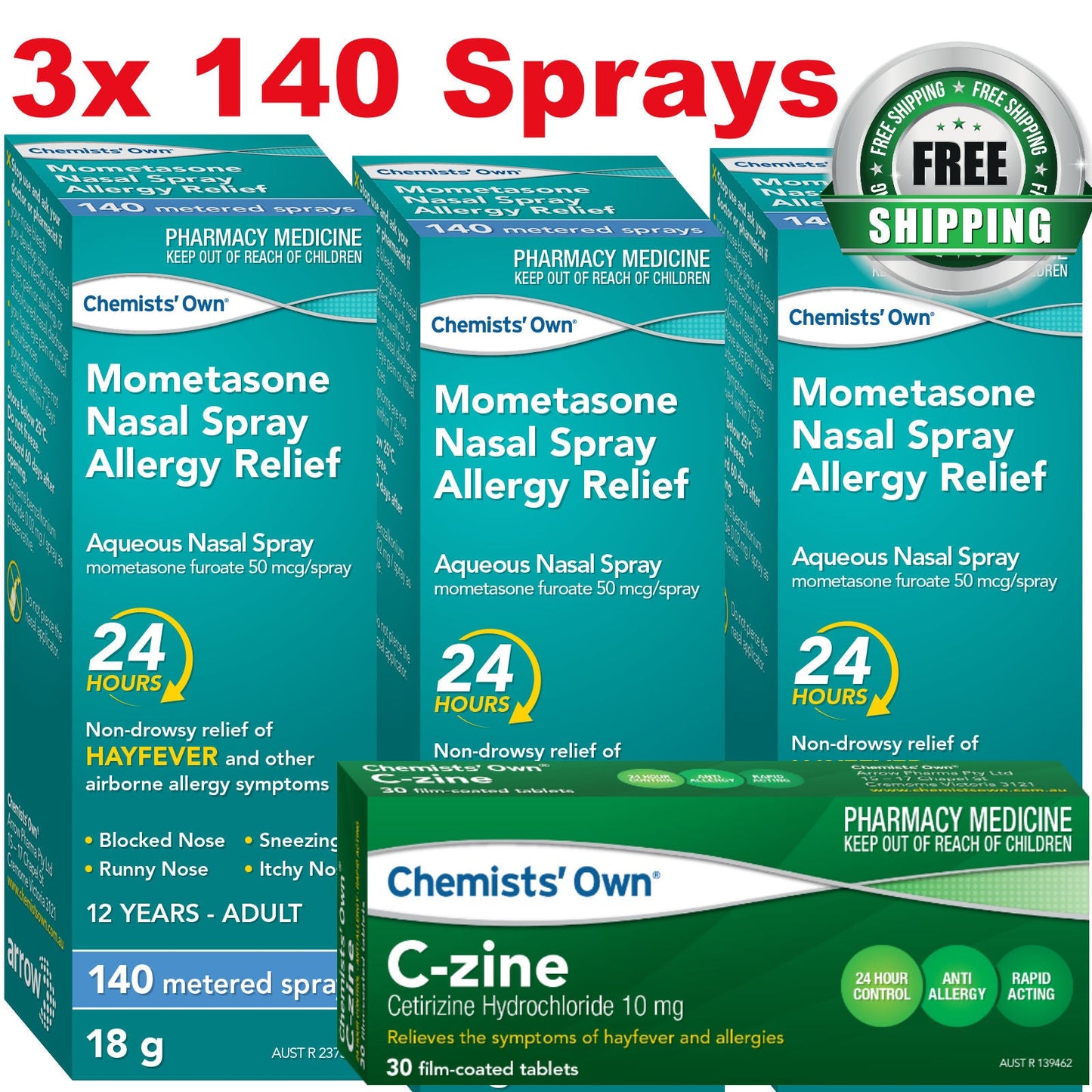 3x Chemists's Own Mometasone Furoate Spray (Nasonex Generic Alternate) + C-Zine 30x Cetirizine 10mg (Zyrtec Generic Alternate)