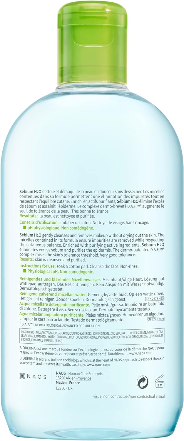 Bioderma Sebium H2O Purifying Micellar Water Cleanser for Oily Skin 500ml