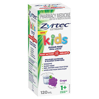 Zyrtec Cetirizine Kids Sugar Free Oral Liquid Grape Flavour 1+ 120ml