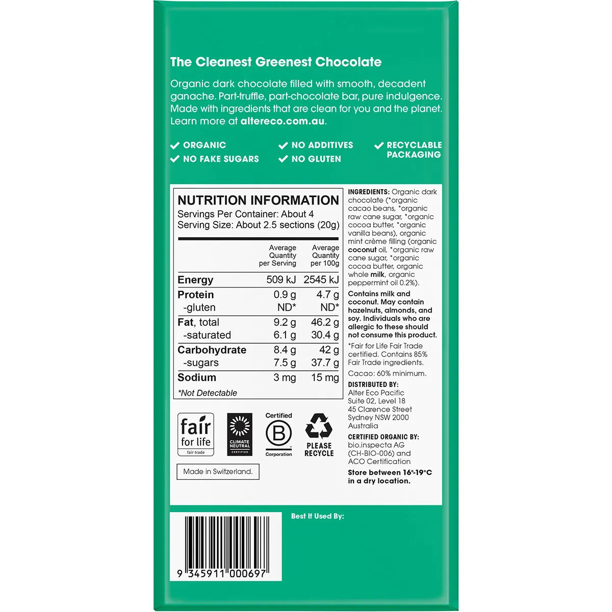 ALTER ECO Chocolate Organic Mint Creme Dark Truffle Thins 12x84g