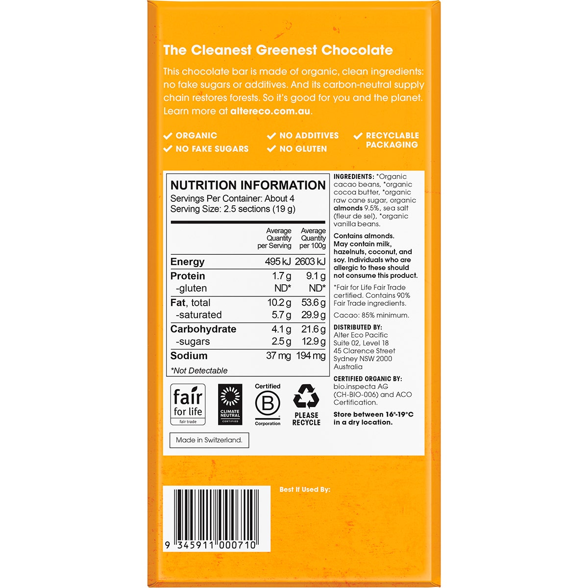 ALTER ECO Chocolate Organic Dark Almonds Blackout 75g (Pack of 12)