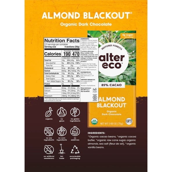 ALTER ECO Chocolate Organic Dark Almonds Blackout 75g (Pack of 12)