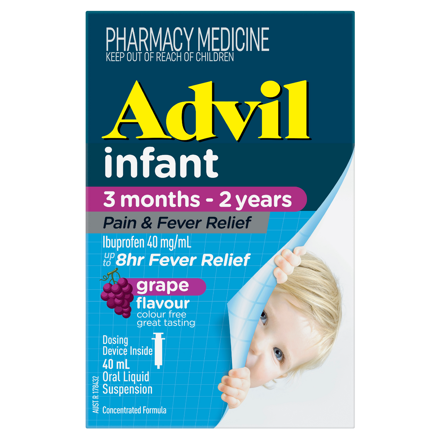 Advil Pain & Fever Infant Drops 3 months-2 years, colour free, up to 8 Hour Fever Relief Ibuprofen Grape 40ml