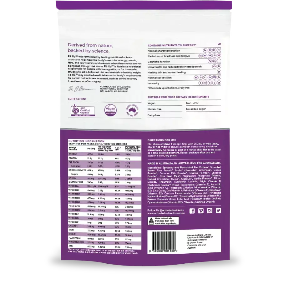 Activated Nutrients Organic Fill Up (To Support & Nourish) Chocolate Sachets 30g x 7 Pack