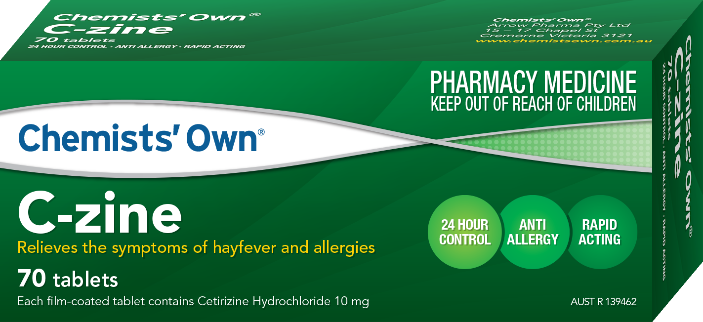 70 x Chemist's Own C-Zine Tablets Cetrizine Hydrochloride 10mg (Generic Zyrtec)