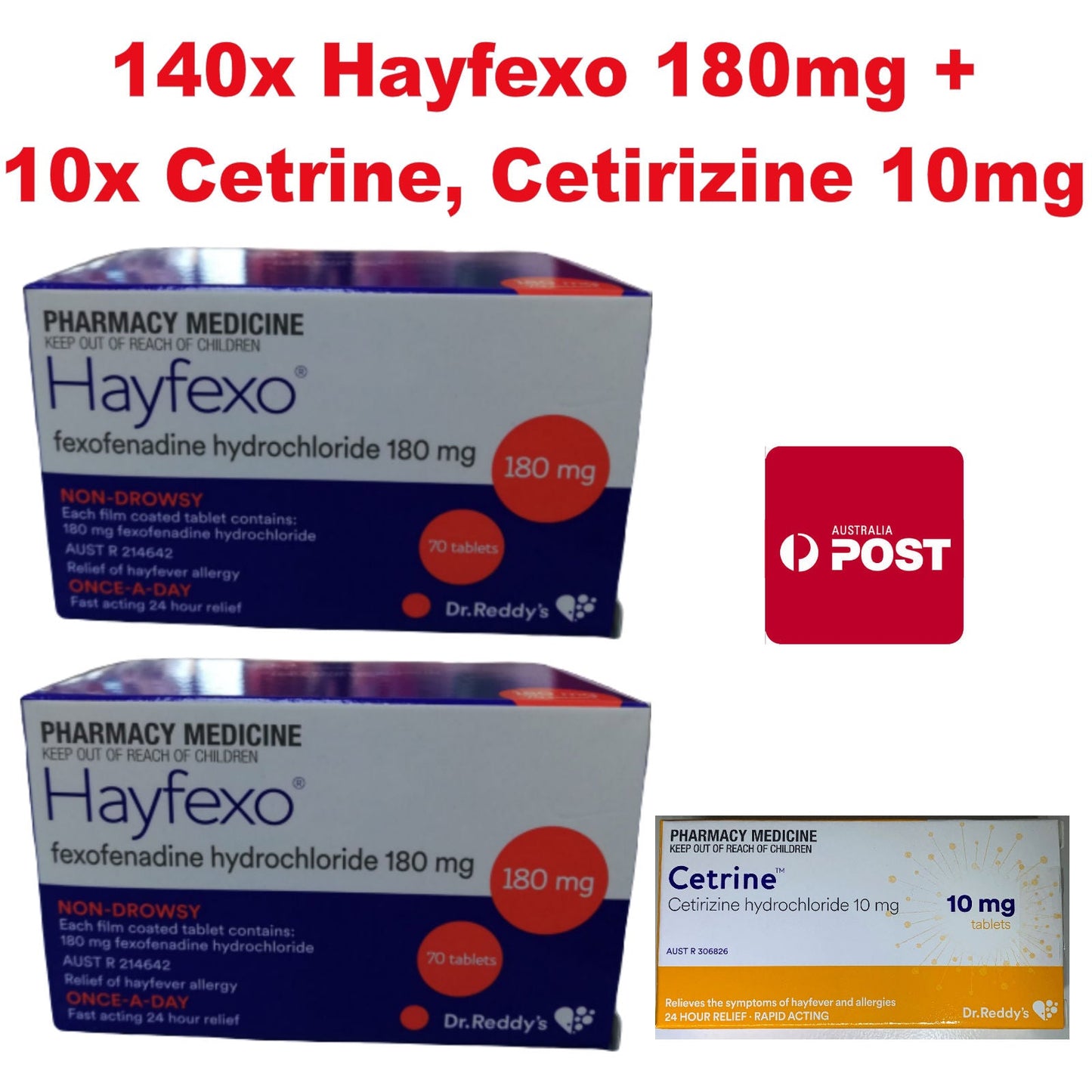 140x HayFexo 180mg + 10x Cetrine 10mg (Generic Zyrtec Alternate)