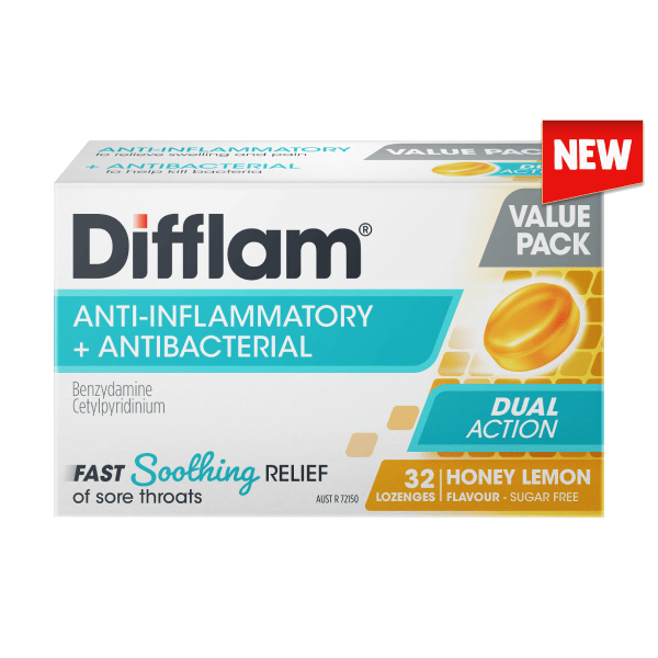 Difflam Sore Throat Lozenges Antibacterial & Anti-Inflammatory Honey & Lemon 32 Pack