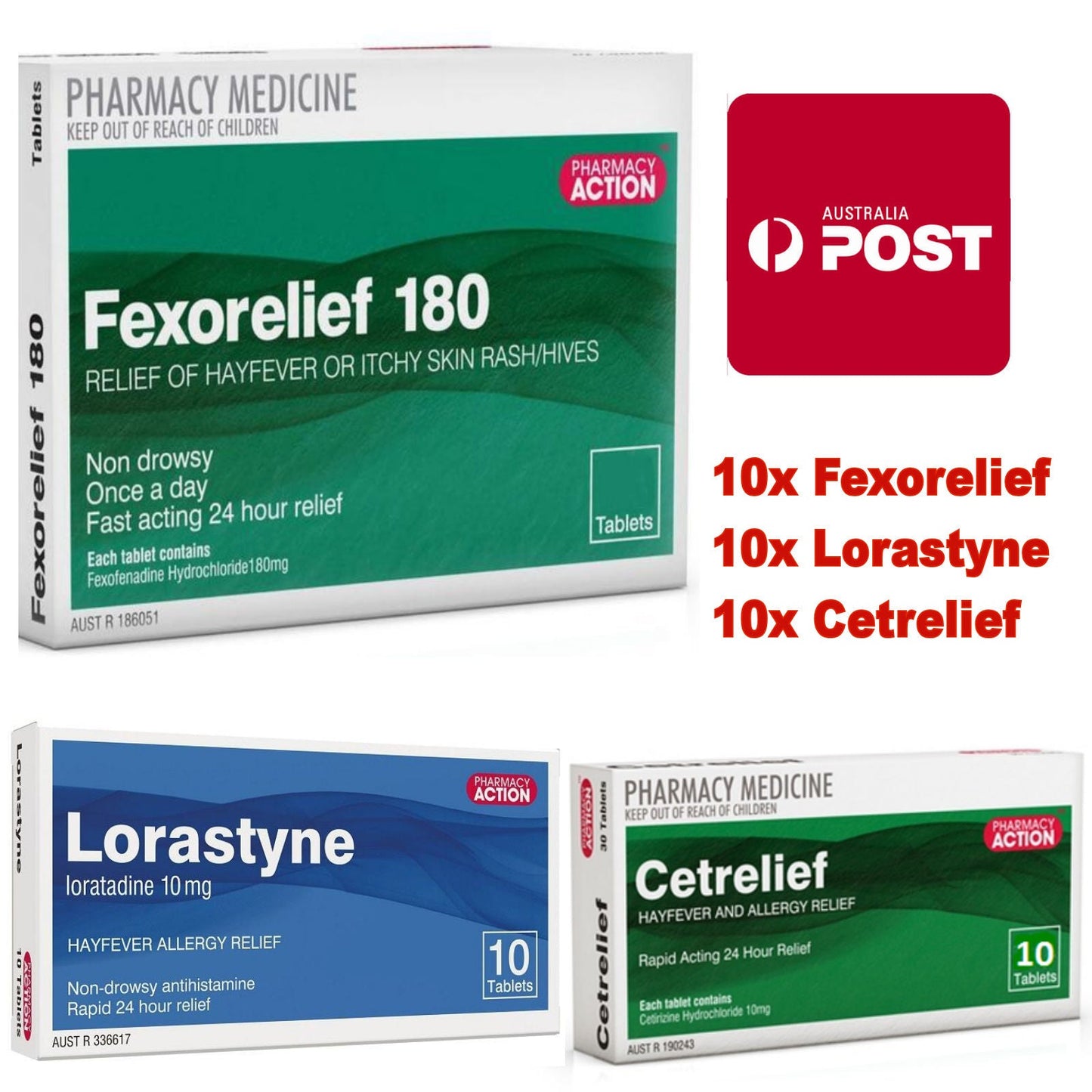 10x Fexorelief 180mg + 10x Cetrelief 10mg + 10x Lorastyne 10mg