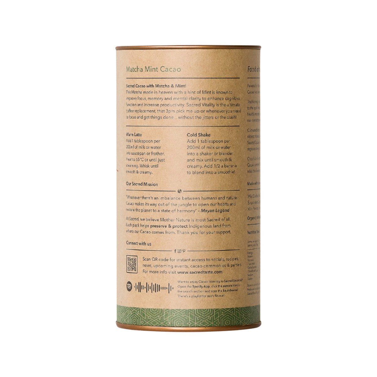 Sacred Taste Organic Drinking Cacao (Matcha Mint Cacao) Vitality 250g
