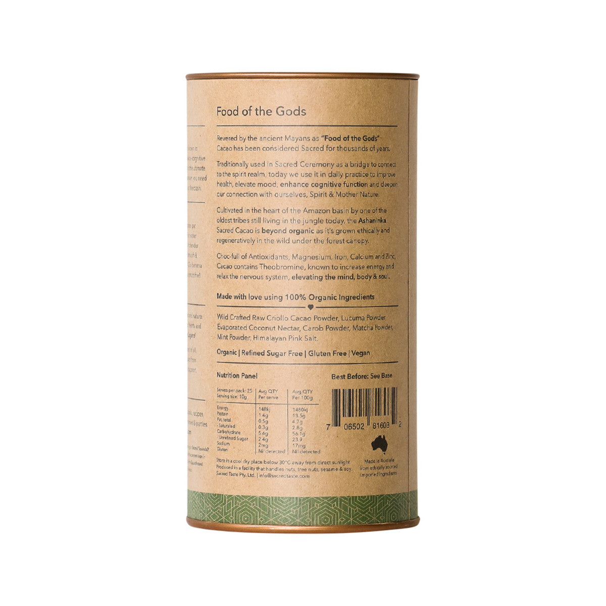 Sacred Taste Organic Drinking Cacao (Matcha Mint Cacao) Vitality 250g