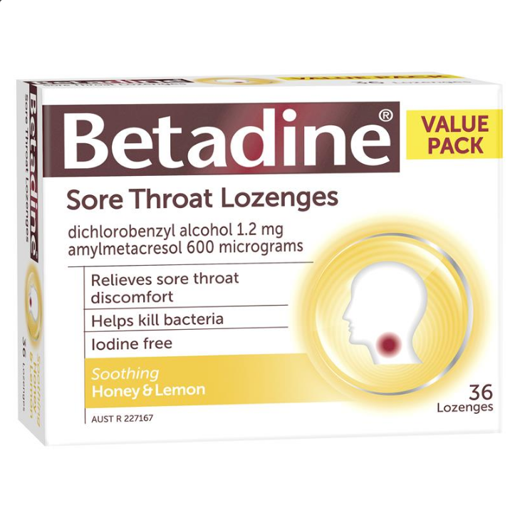 Betadine Sore Throat Lozenges Soothing Honey & Lemon Flavour 36 Pack