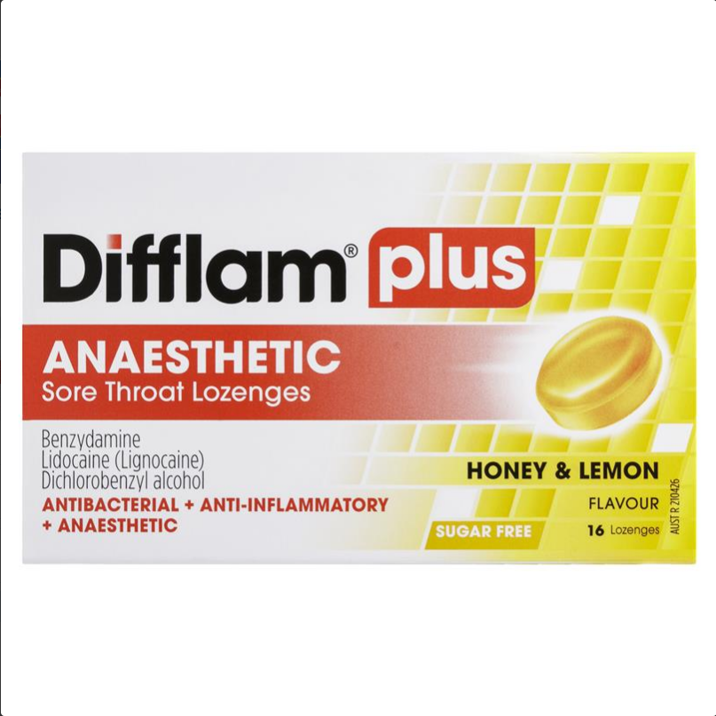 Difflam Plus Anaesthetic Sore Throat Lozenges Honey & Lemon Flavour 16