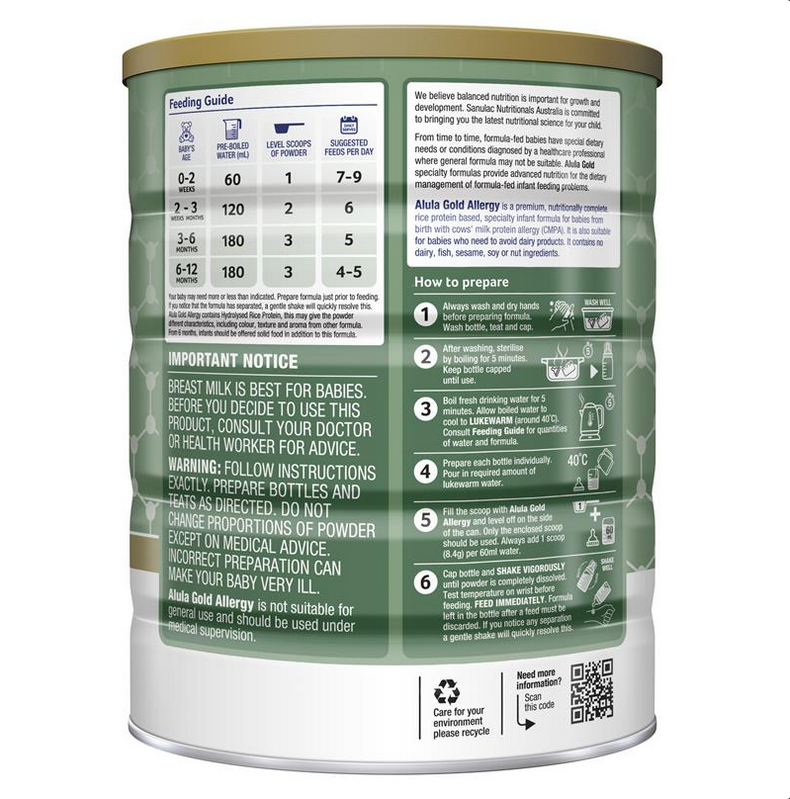 Alula Gold Allergy Infant Rice Formula 0-12 Months 800g
