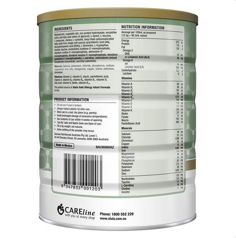 Alula Gold Allergy Infant Rice Formula 0-12 Months 800g