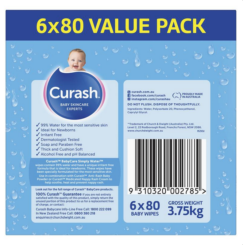 Curash Simply Water Wipes 6 x 80 Packs