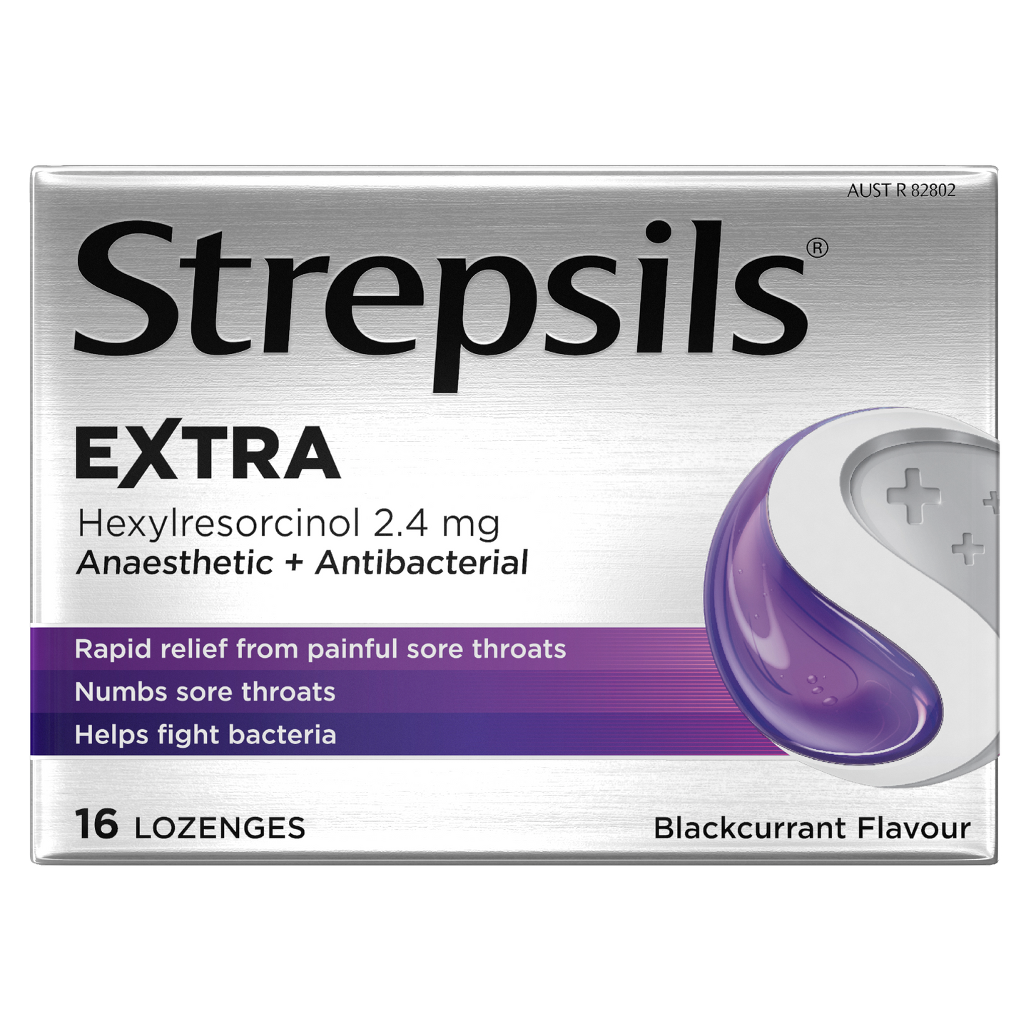 Strepsils Extra Blackcurrant Fast Numbing Sore Throat Pain Relief with Anaesthetic Lozenges 16 pack
