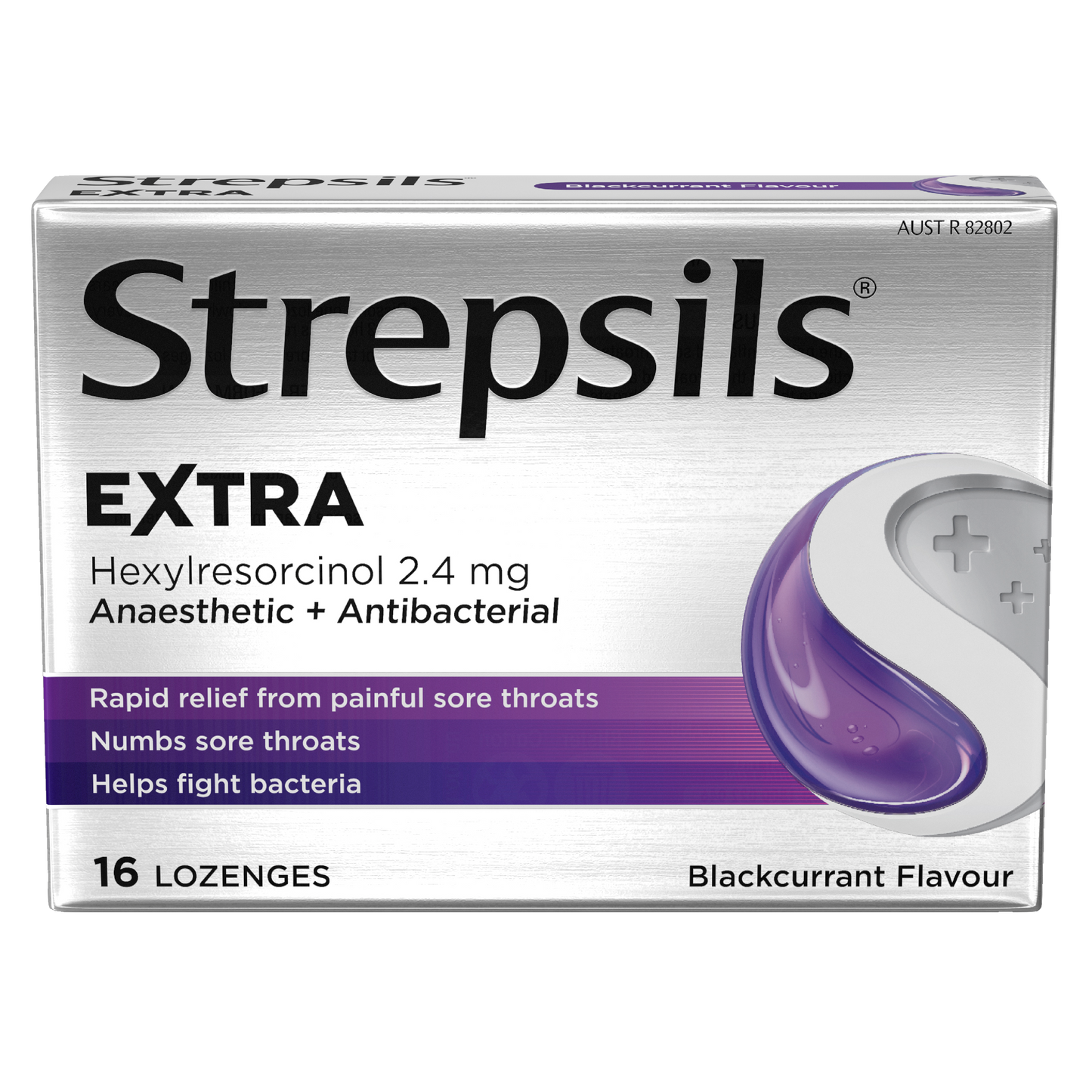 Strepsils Extra Blackcurrant Fast Numbing Sore Throat Pain Relief with Anaesthetic Lozenges 16 pack