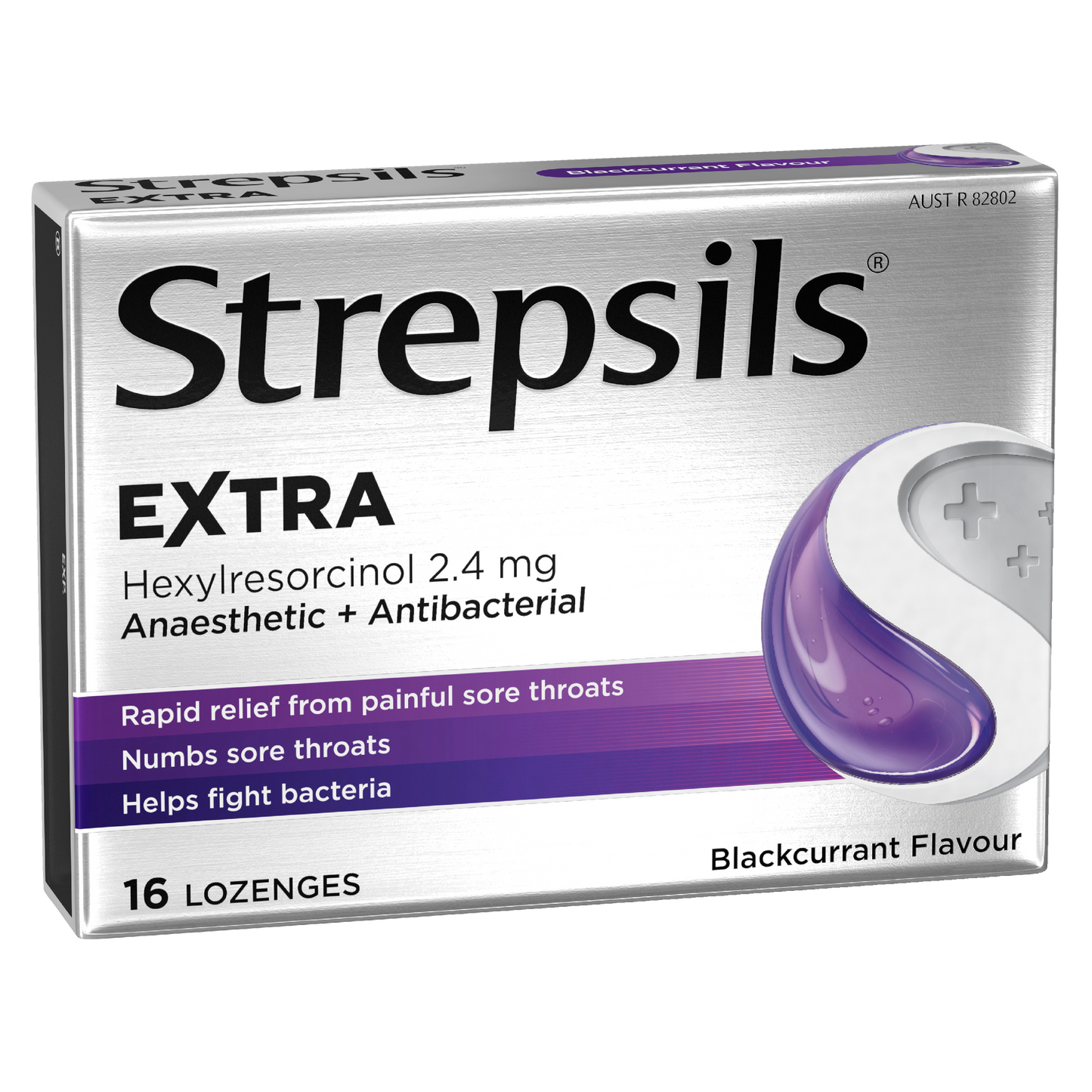 Strepsils Extra Blackcurrant Fast Numbing Sore Throat Pain Relief with Anaesthetic Lozenges 16 pack