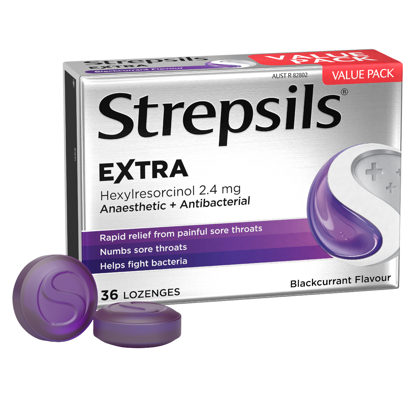 Strepsils Extra Blackcurrant Fast Numbing Sore Throat Pain Relief with Anaesthetic Lozenges 36 pack