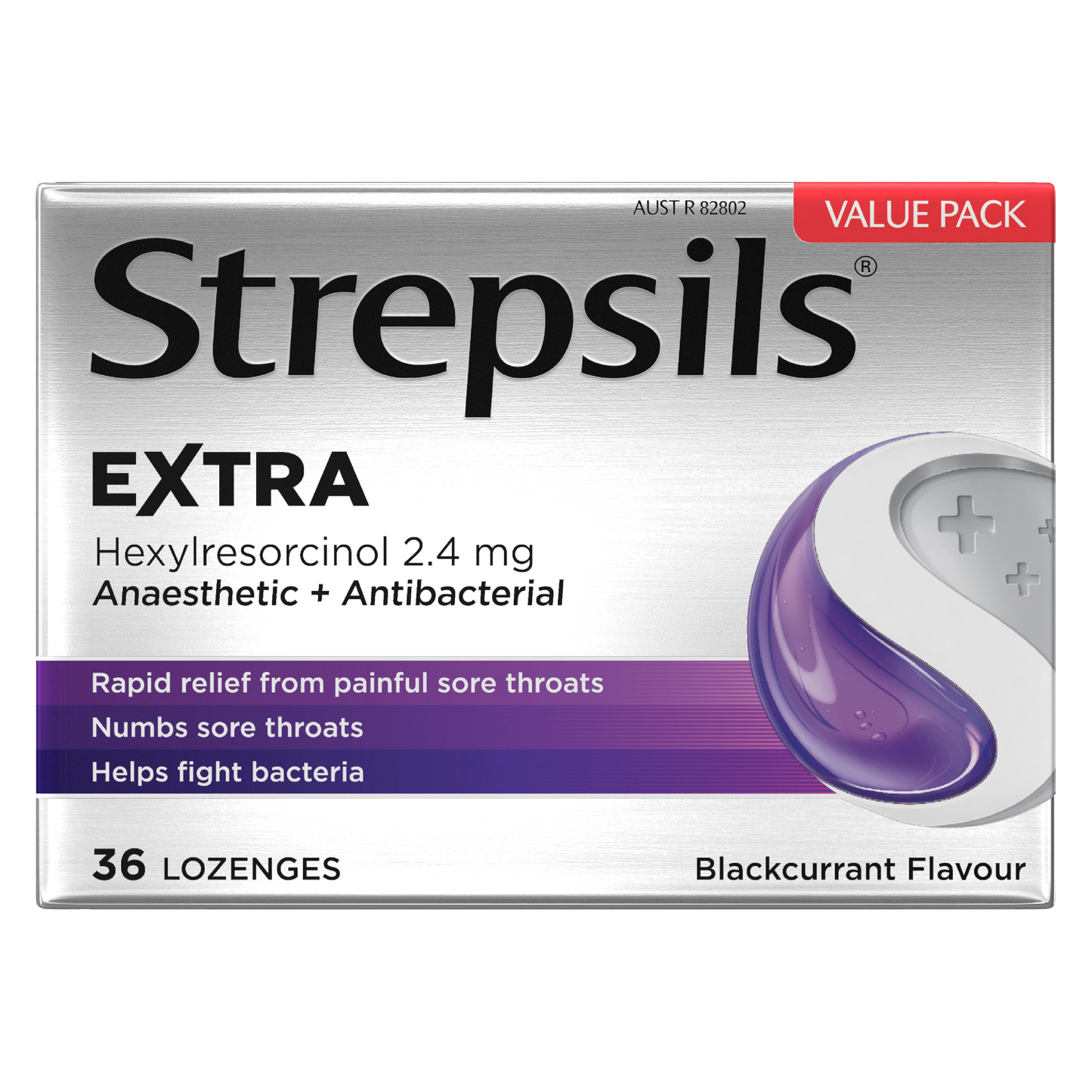 Strepsils Extra Blackcurrant Fast Numbing Sore Throat Pain Relief with Anaesthetic Lozenges 36 pack