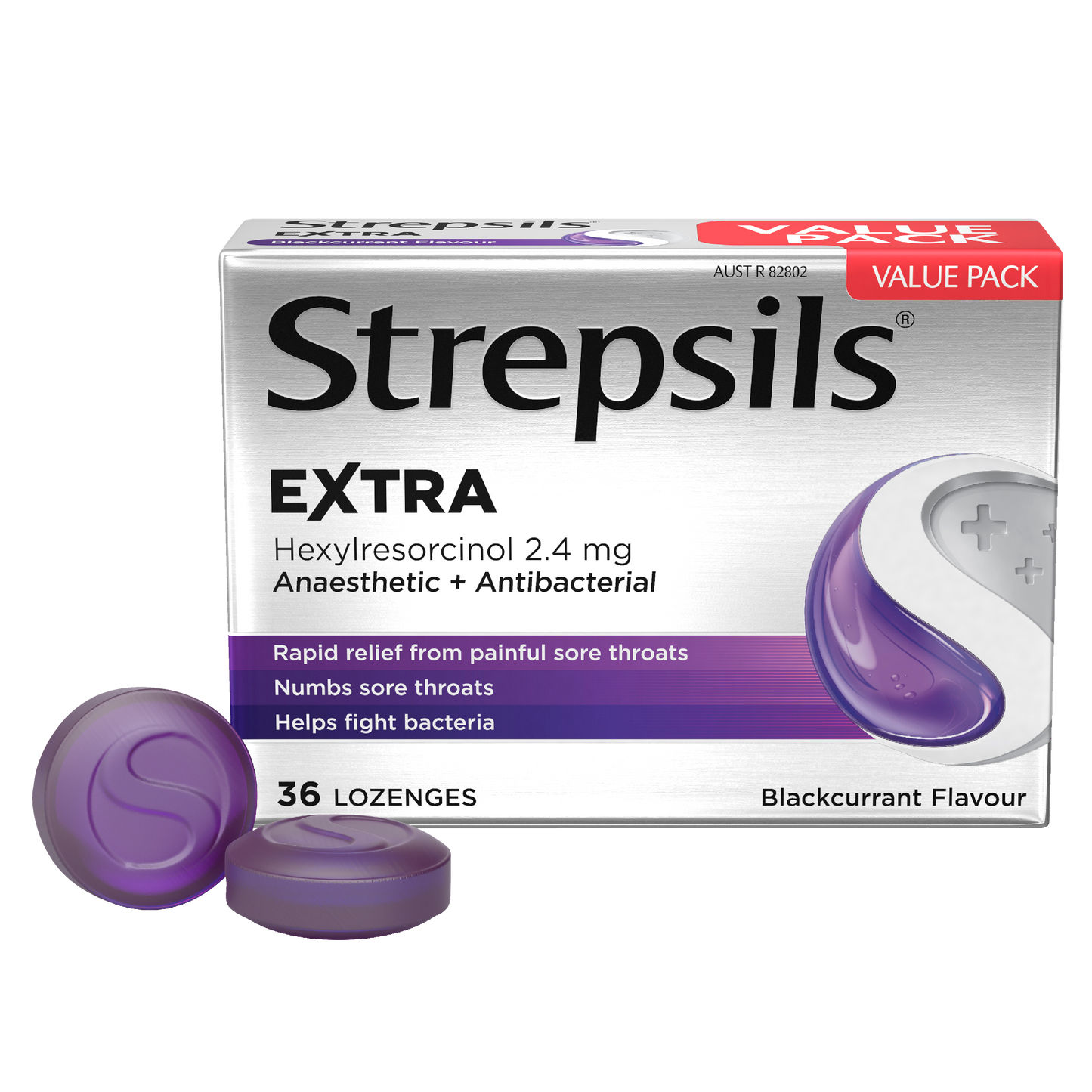 Strepsils Extra Blackcurrant Fast Numbing Sore Throat Pain Relief with Anaesthetic Lozenges 36 pack