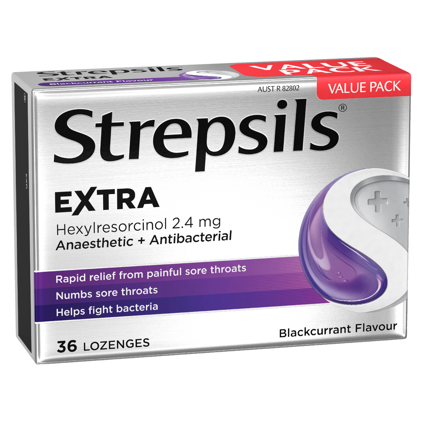 Strepsils Extra Blackcurrant Fast Numbing Sore Throat Pain Relief with Anaesthetic Lozenges 36 pack