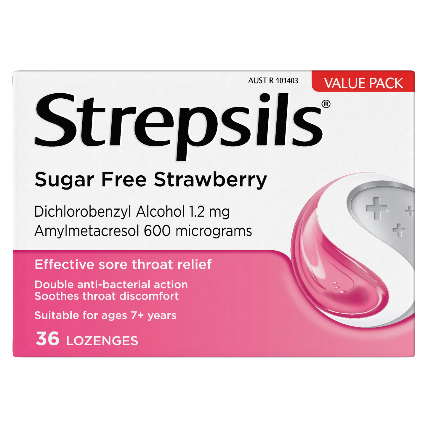 Strepsils Sore Throat Relief Sugar Free Strawberry 36 Pack