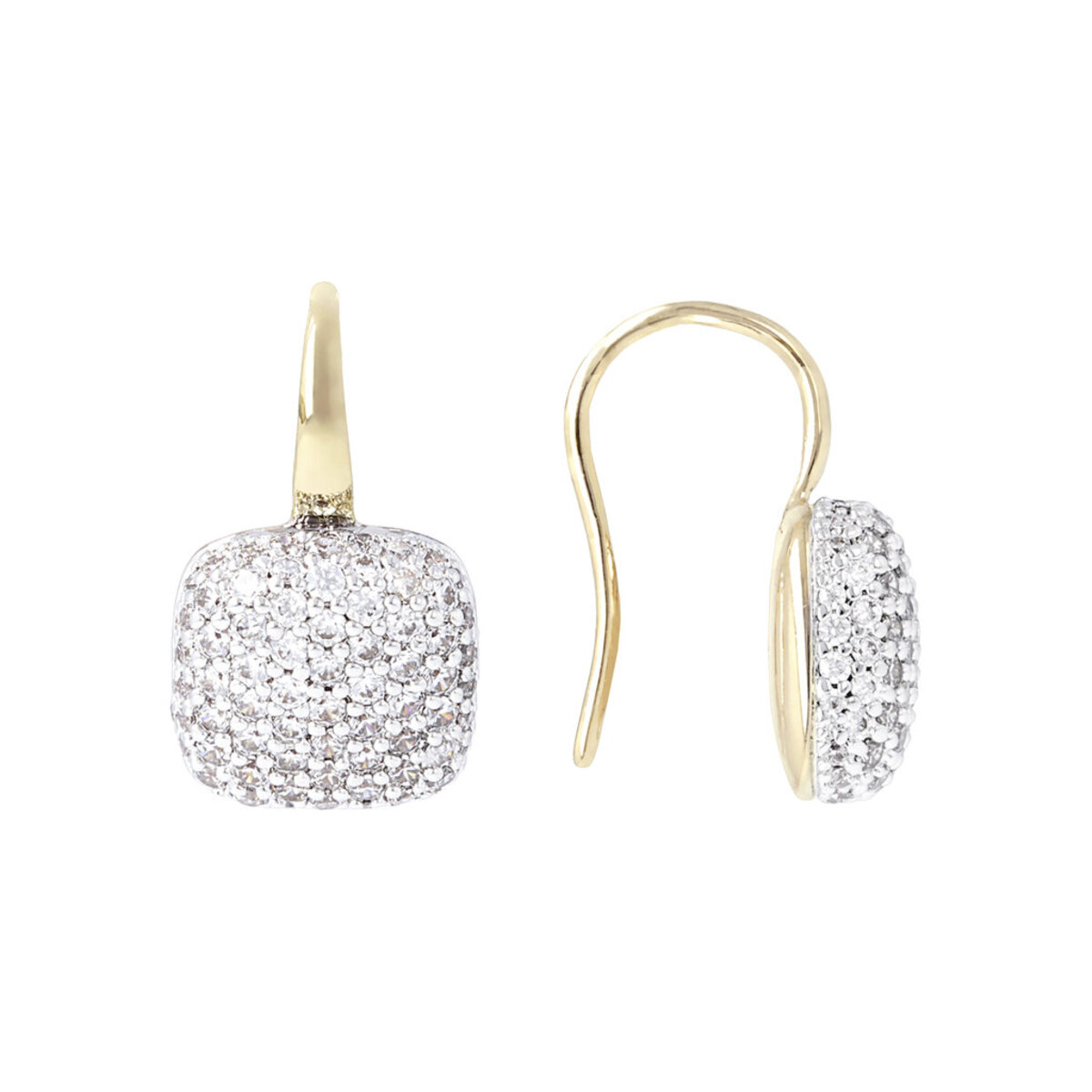 Golden Square Pendant Earrings with Pavé in Cubic Zirconia
