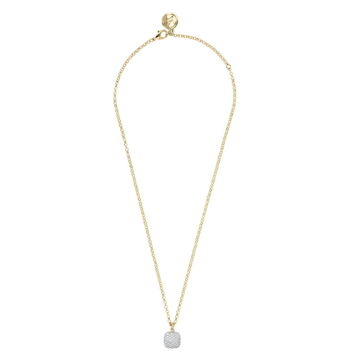 Golden Rolo Chain Necklace with Pavé Square Pendant in Cubic Zirconia