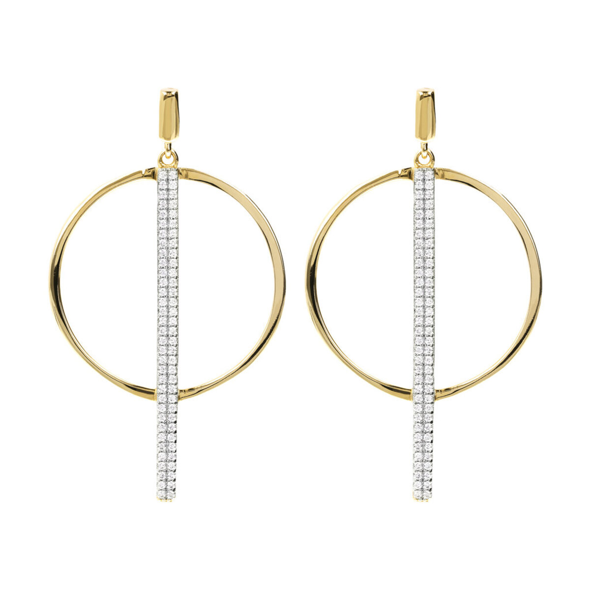 Golden Pendant Earrings with Circle and Pavé in Cubic Zirconia