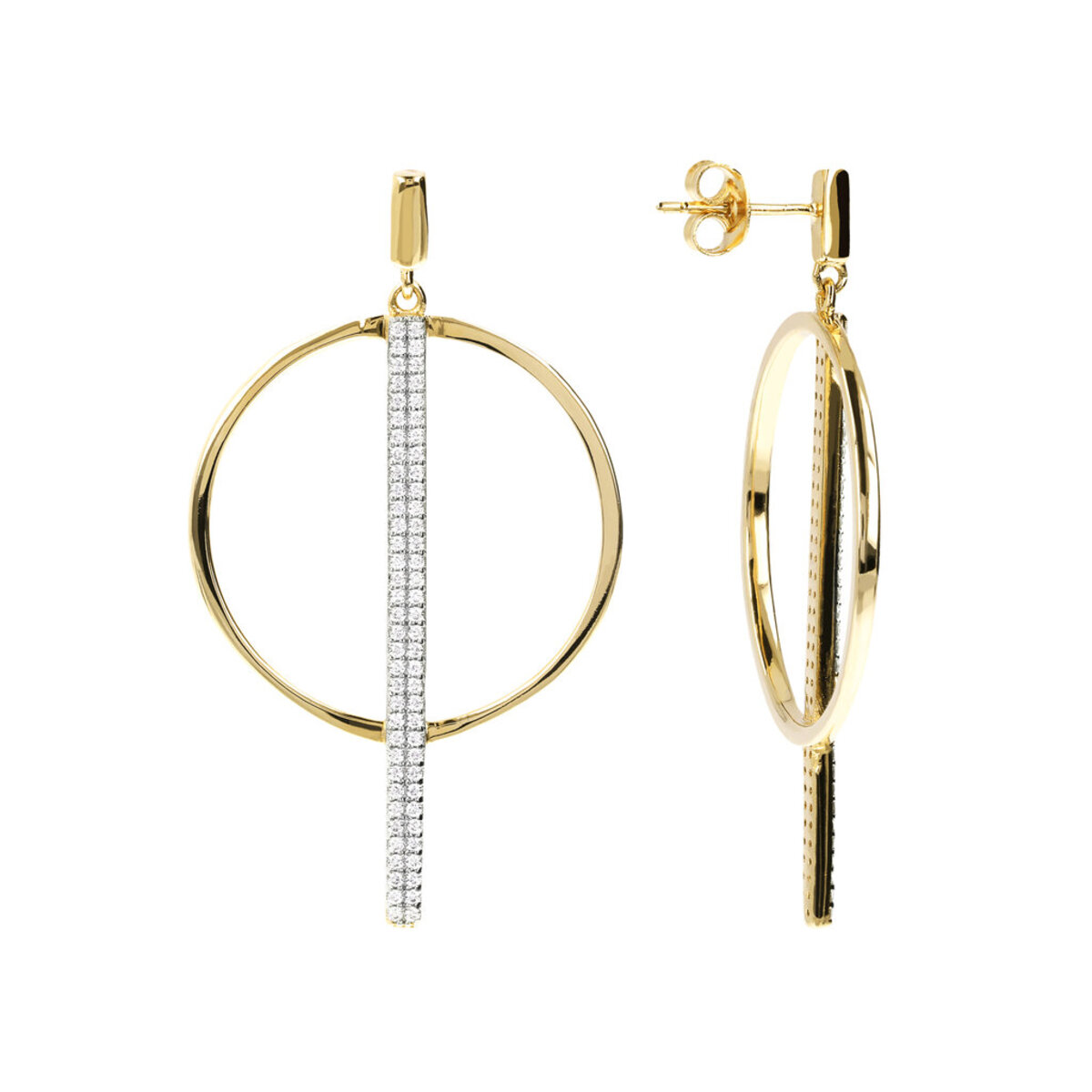 Golden Pendant Earrings with Circle and Pavé in Cubic Zirconia