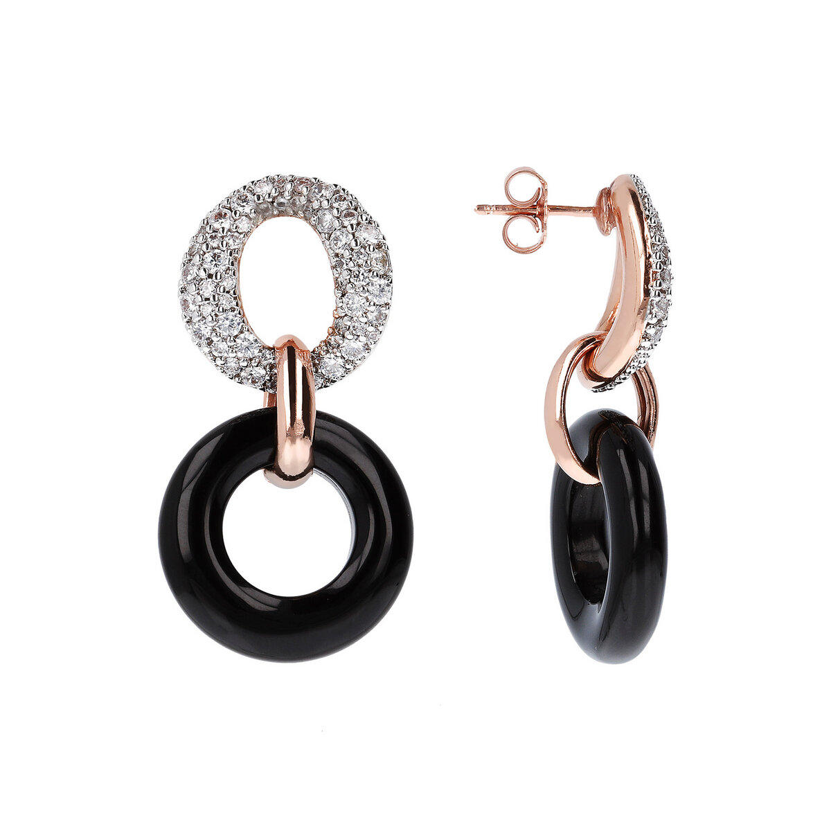 Double Circle Pendant Earrings in Natural Stone and Cubic Zirconia