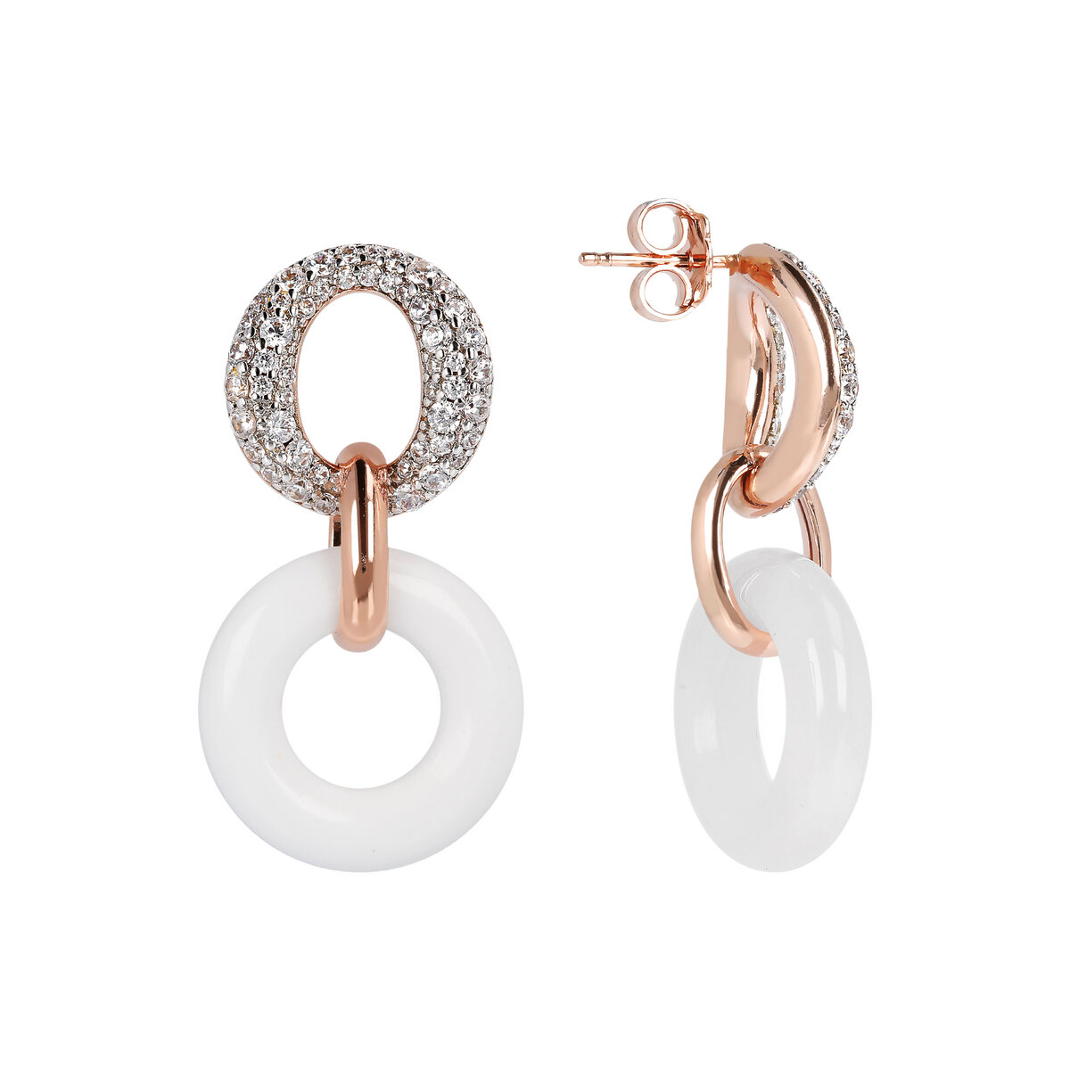 Double Circle Pendant Earrings in Natural Stone and Cubic Zirconia