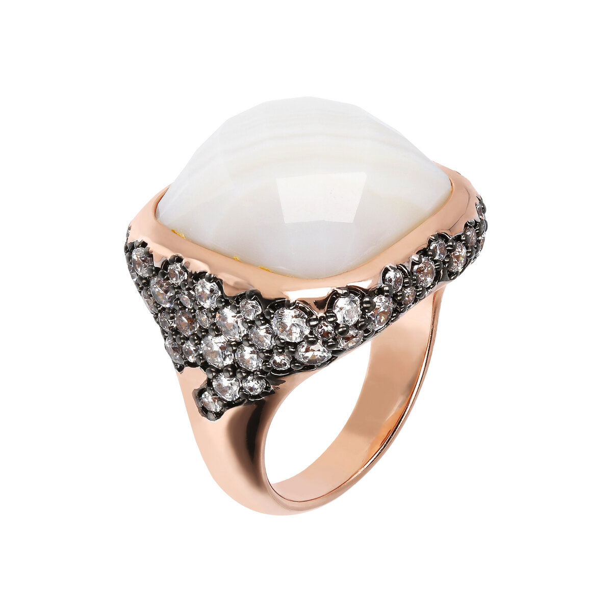 Chevalier Ring with Faceted Square Natural Stone and Pavé