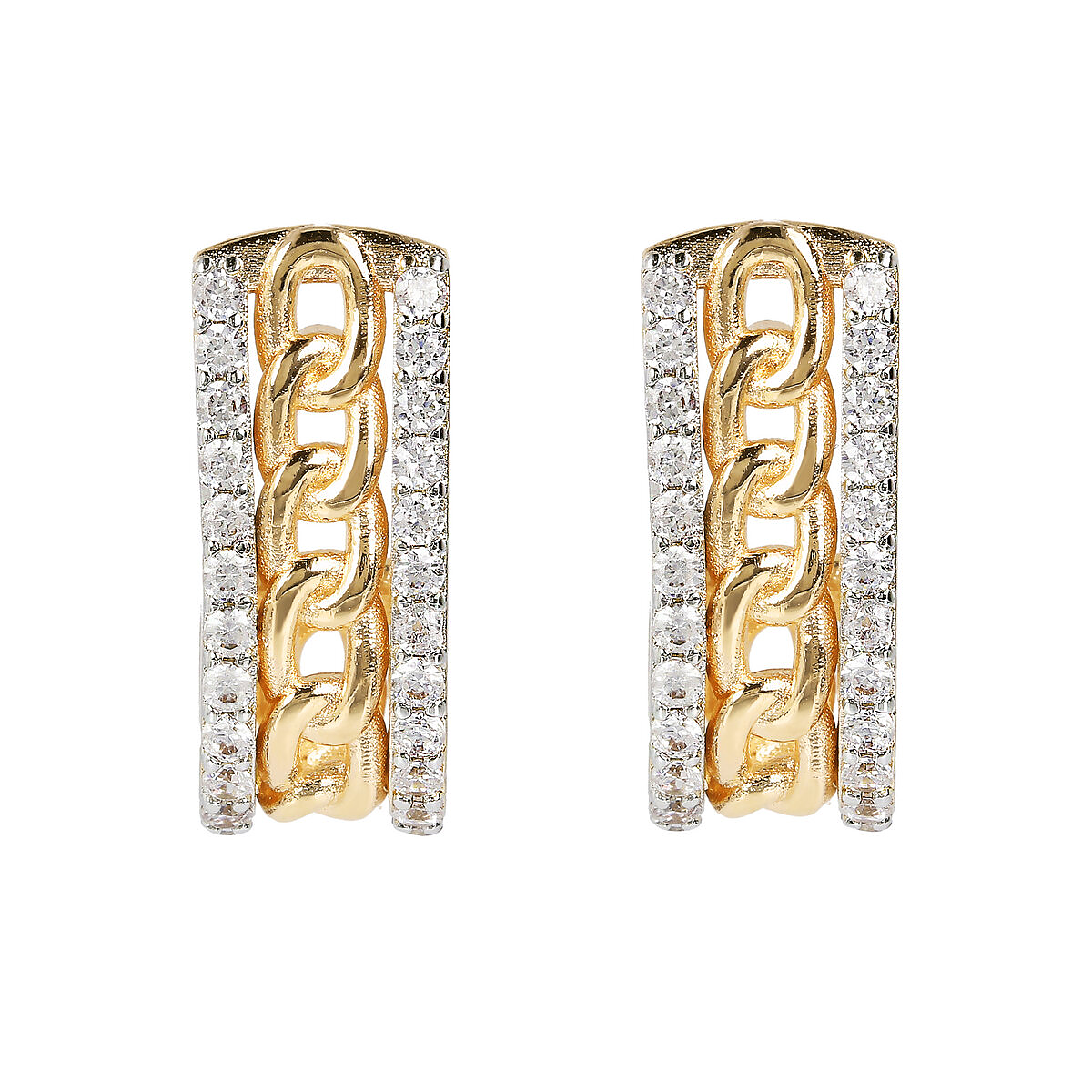 Golden Stud Earrings with Chain Link and Cubic Zirconia
