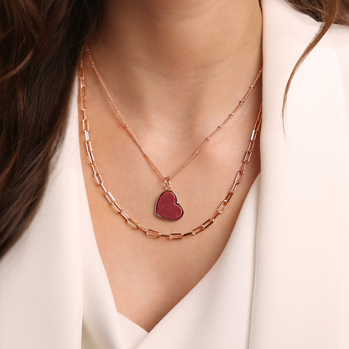 Forzatina Multistrand Necklace and Rosary Chain with Heart Pendant in Natural Stone
