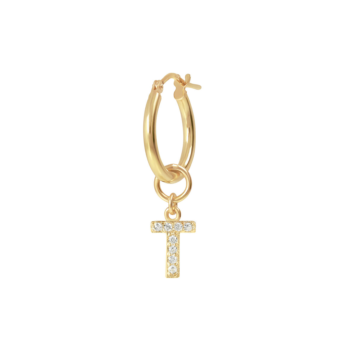 Golden Pendant Earring with Pavé Letter in Cubic Zirconia