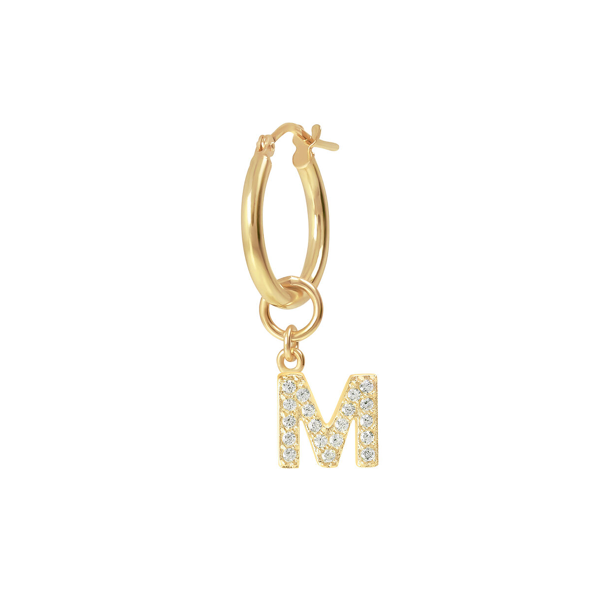 Golden Pendant Earring with Pavé Letter in Cubic Zirconia