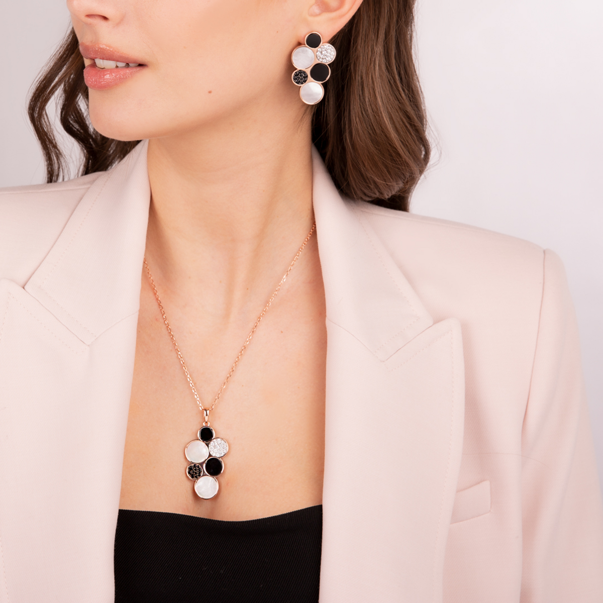 Cluster Earrings in White Mother of Pearl, Black Onyx and Cubic Zirconia