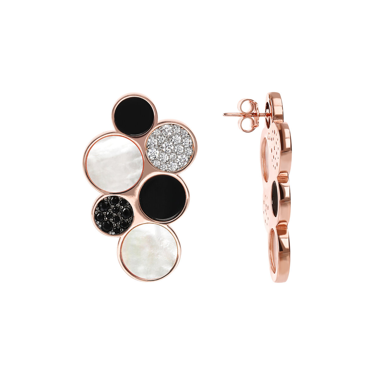 Cluster Earrings in White Mother of Pearl, Black Onyx and Cubic Zirconia