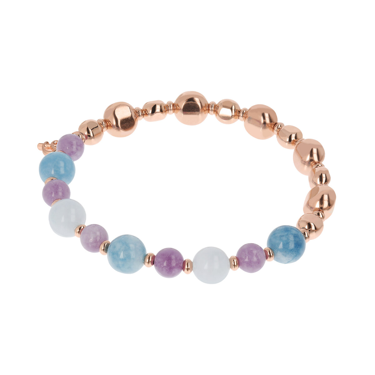 Elastic Bracelet with Natural Stones and Nuggets in Golden Rosé