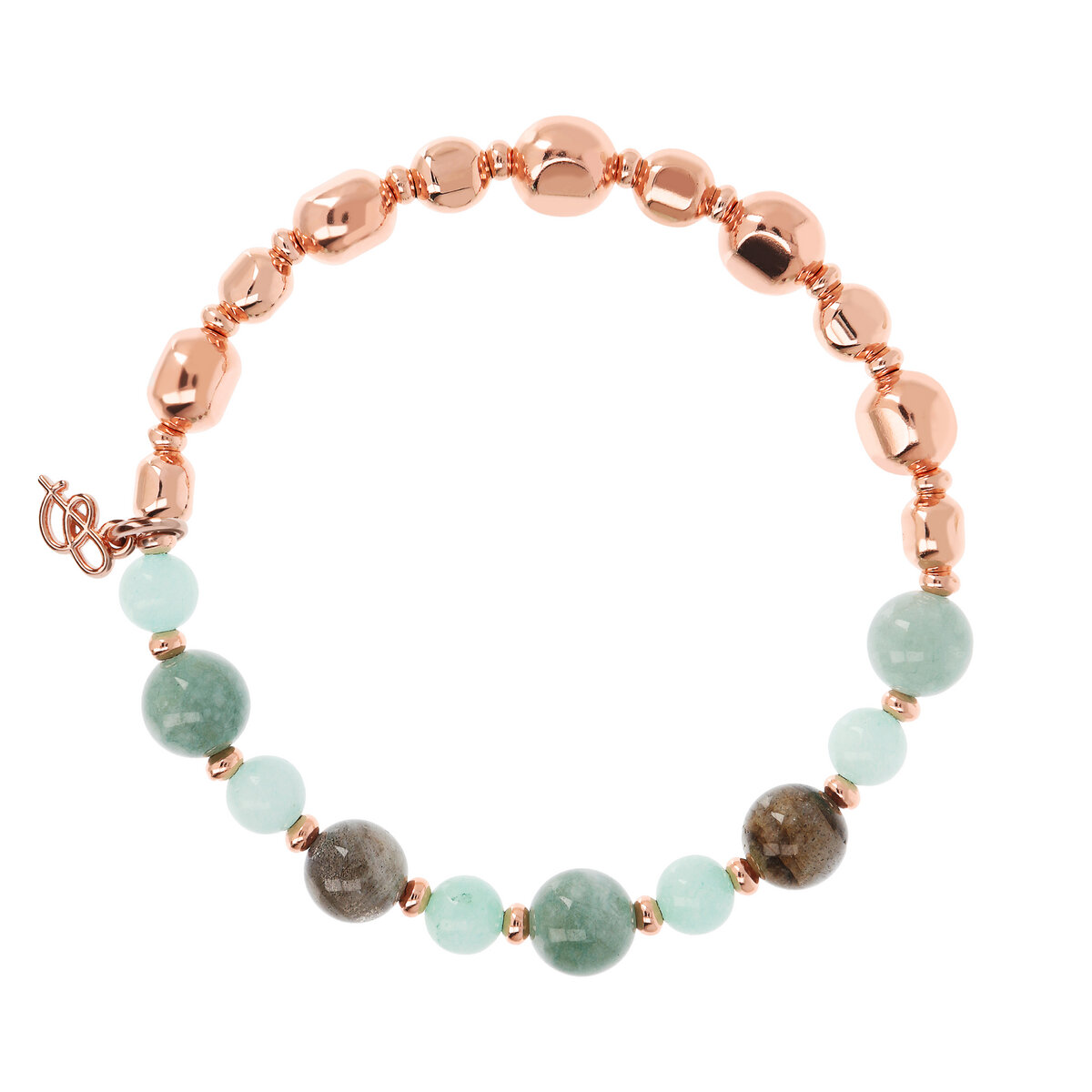 Elastic Bracelet with Natural Stones and Nuggets in Golden Rosé