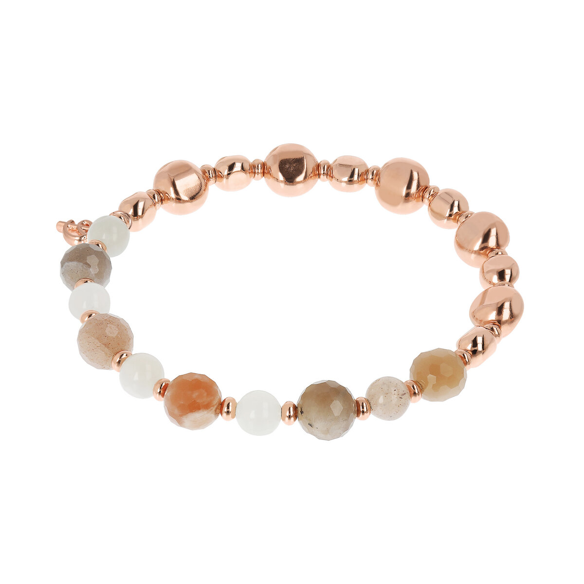 Elastic Bracelet with Natural Stones and Nuggets in Golden Rosé