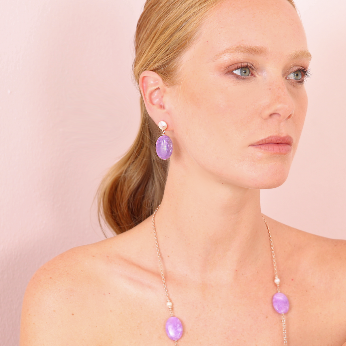 Drop Earrings with Freshwater Pearls and Oval Purple Amethyst