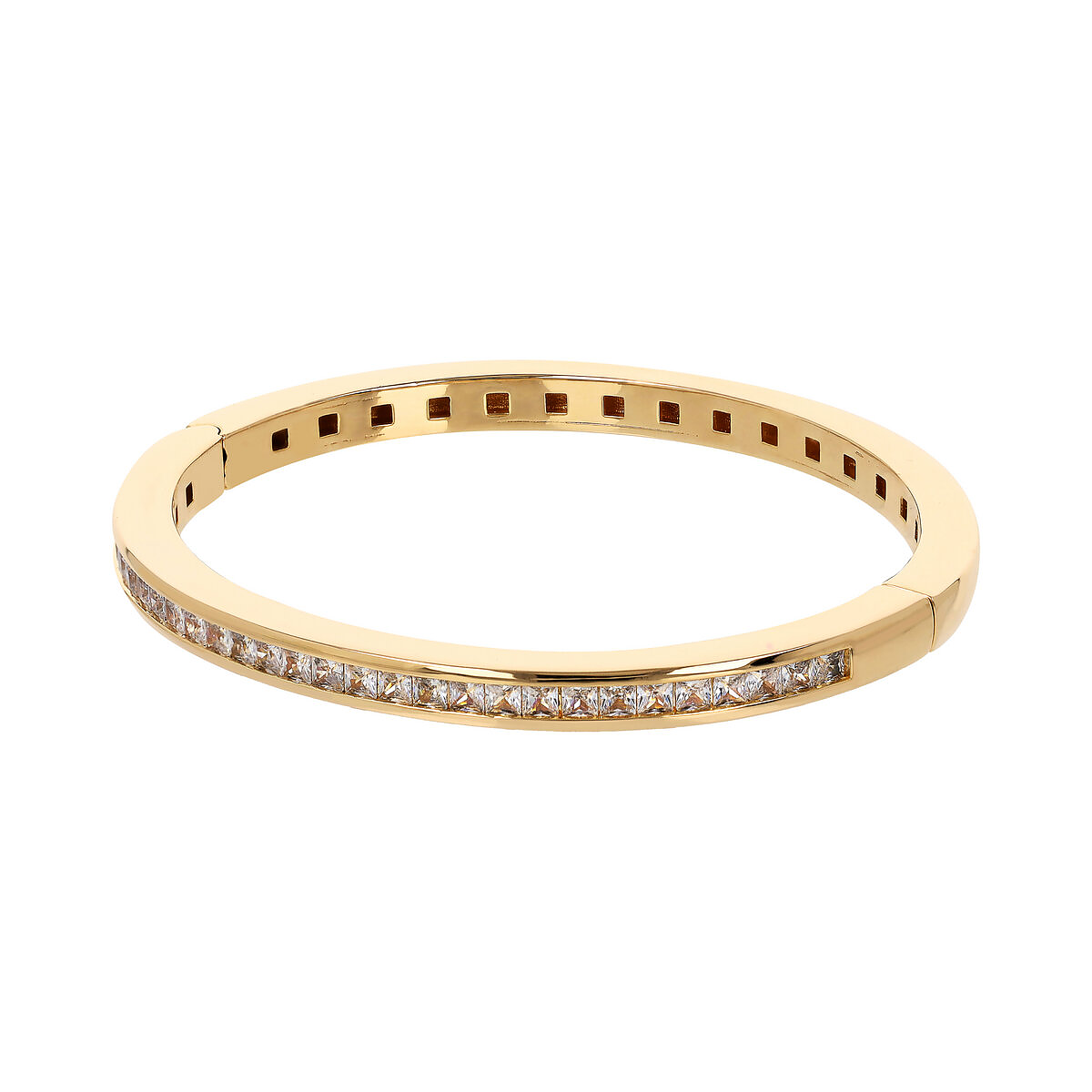 Golden Rigid Bracelet with Princess Cut Square Cubic Zirconia