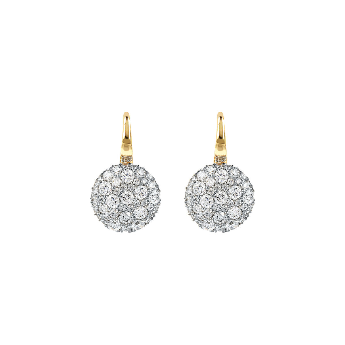 Golden Pendant Earrings with Round Pavé in Cubic Zirconia