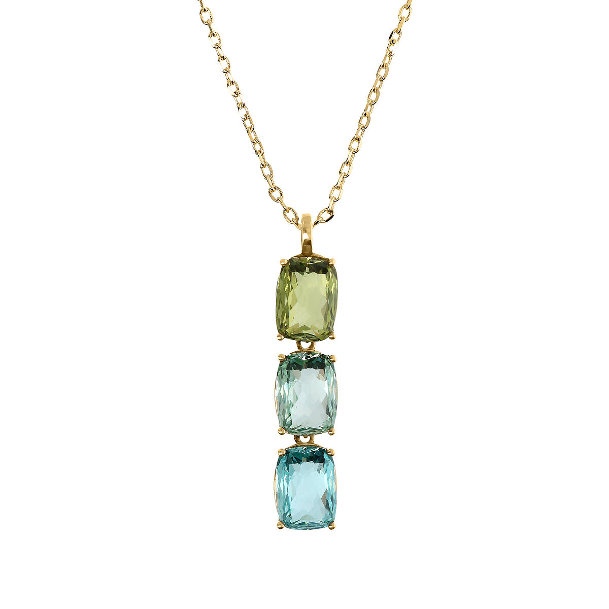 Golden Necklace with Green and Blue Prisma Gem in Mosaic Cut