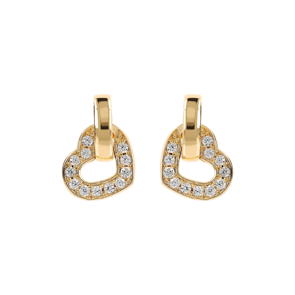 Golden Pendant Earrings with Double Pavé Heart Element and Oval Link
