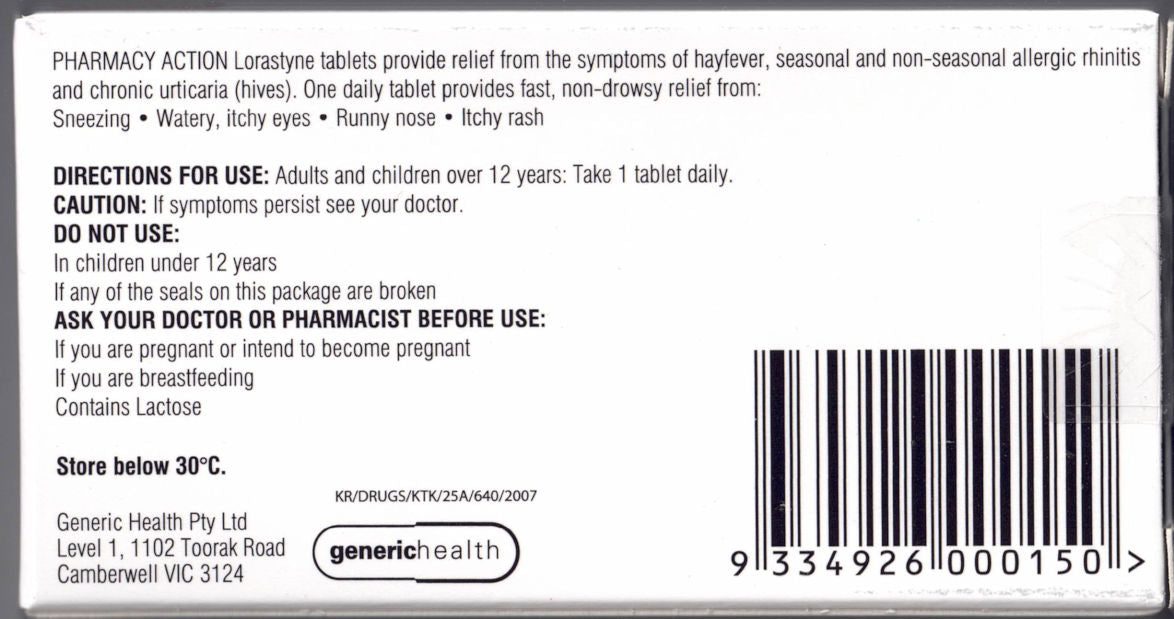 50 x LORASTYNE 10mg Loratodine tablets - Hayfever & allergy relief - Claratyne generic
